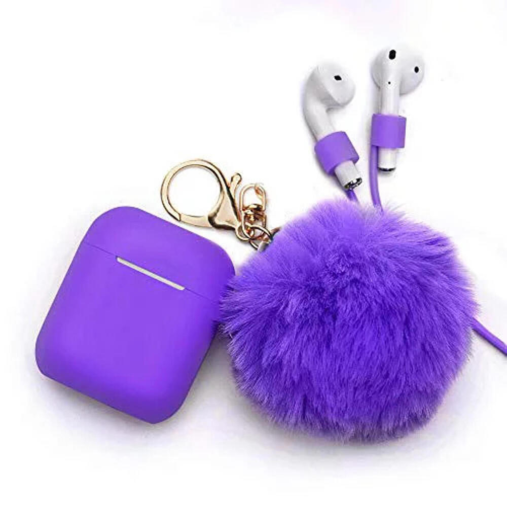 Purple Fur Pom Pom Apple AirPods Case 1/2 Silicone Shockproof Full Cover